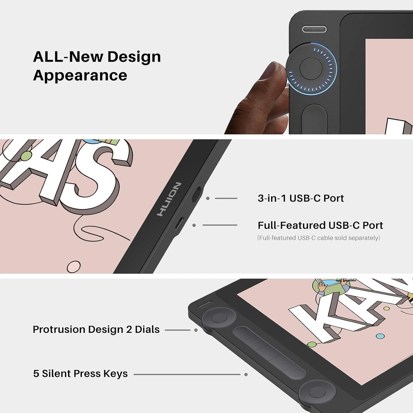 Huion Kamvas 13 (Gen 3) drawing tablet with 2 dials, USB Port and 5 Silent Press Keys