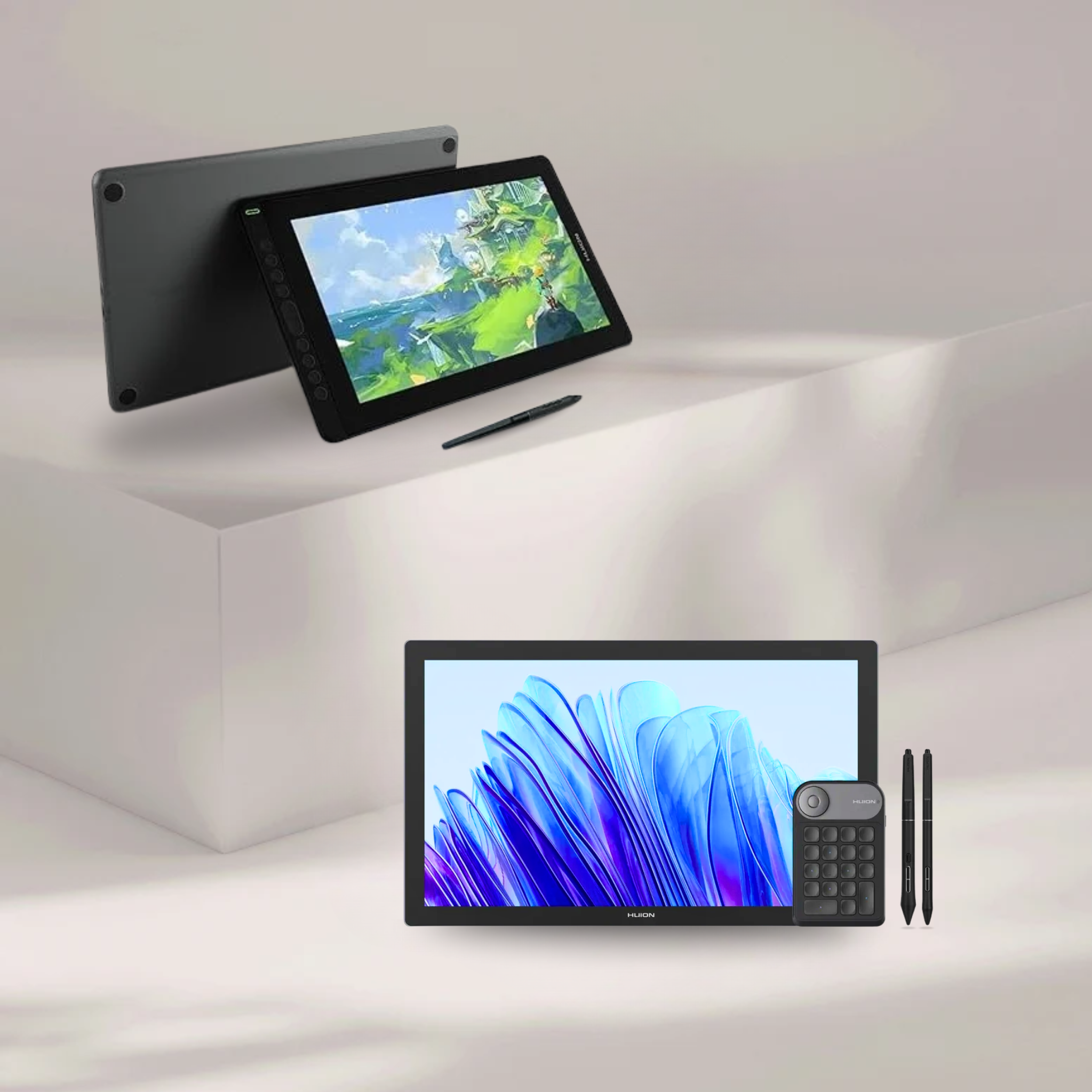 Two digital drawing tablets of Huion with styluses on a white background