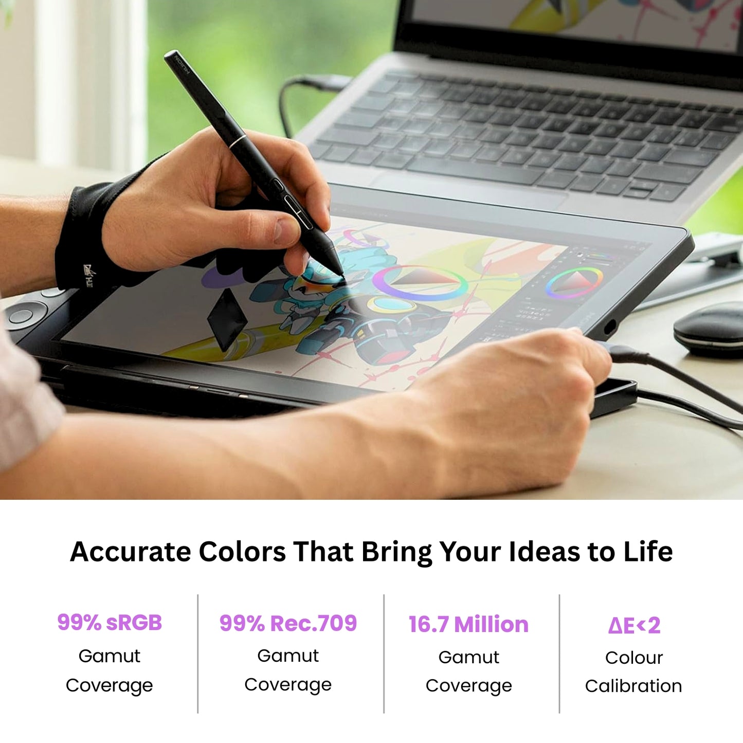 Person using a stylus on the Huion digital drawing tablet with the laptop connected in the background, emphasizing color accuracy, ant-glare and anti-sparkle glass of the drawing tablet.