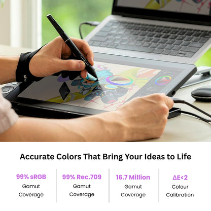 Person using a stylus on the Huion digital drawing tablet with the laptop connected in the background, emphasizing color accuracy, ant-glare and anti-sparkle glass of the drawing tablet.