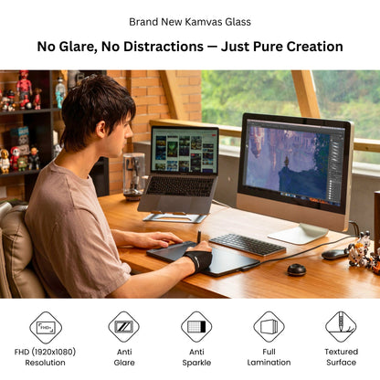 Person using the Huion Drawing tablet connected to his desktop setup emphasizing features like FHD resolution, anti-glare and full lamination.