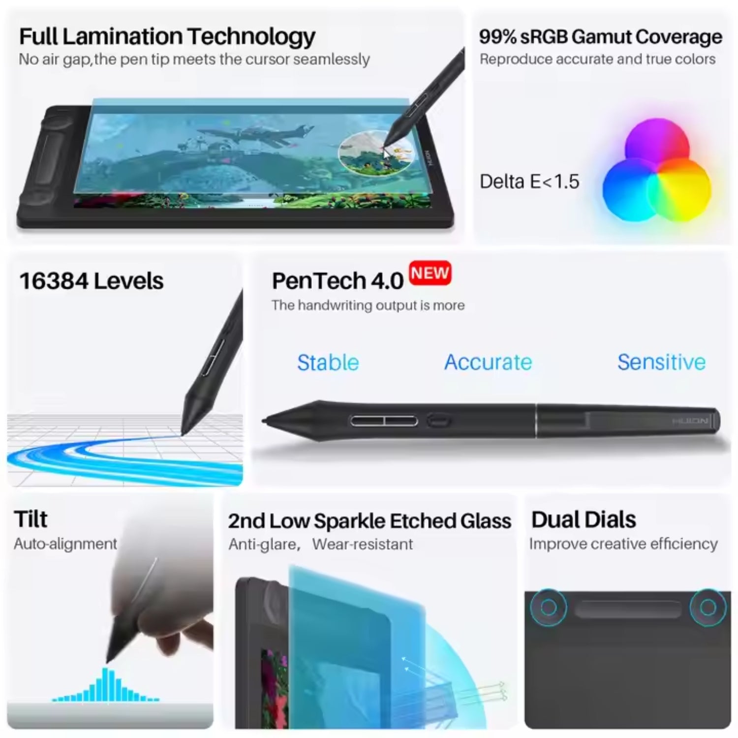 Huion Drawing tablet with PenTech 4.0 stylus and features like auto alignment and 99%sRGB Gamut.