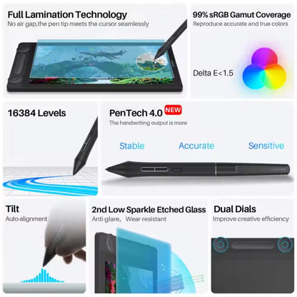 Huion Drawing tablet with PenTech 4.0 stylus and features like auto alignment and 99%sRGB Gamut.