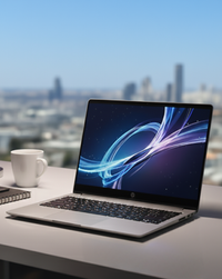 HP Laptop on a desk with a cityscape in the background